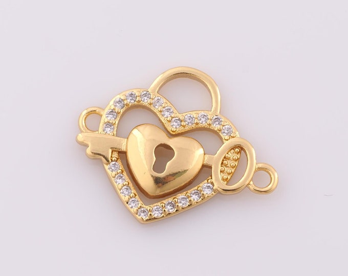 1 pcs Gold Heart Connector,18K Gold Filled CZ Lock Connector,Key Connector DIY Bracelet Necklace Jewelry Making Findings Supply