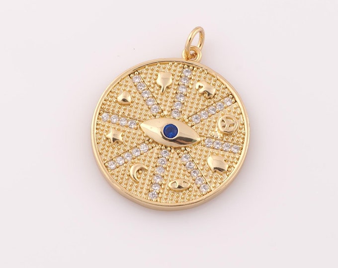 1 pcs Gold CZ Evil Eye Pendant,18K Gold Filled Devil Eye Charm,Disc Charm DIY Bracelet Necklace Jewelry Making Findings Supply