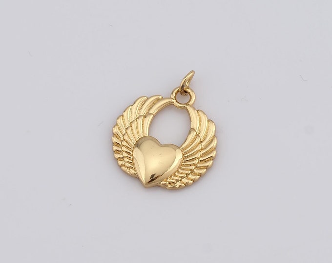 1 pcs Gold Heart Pendant,18K Gold Filled Wings Charm,Heart Charm DIY Bracelet Necklace Jewelry Making Findings Supply