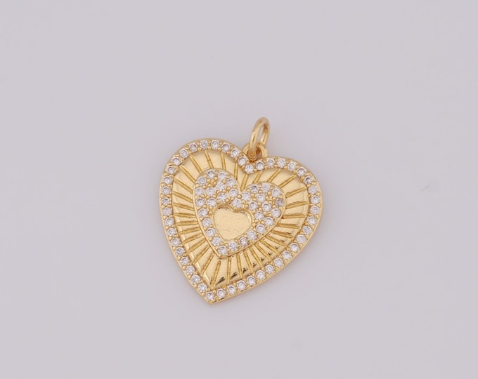 1 pcs Gold Heart Pendant,18K Gold Filled CZ Heart Charm,Heart Charm DIY Bracelet Necklace Jewelry Making Findings Supply