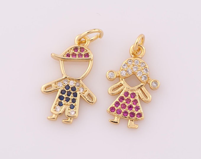 1 pcs Gold CZ Character Pendant,18K Gold Filled Boy Charm,Girl Charm DIY Bracelet Necklace Jewelry Making Findings Supply