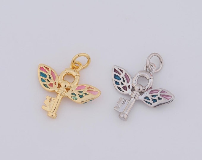 1 pcs Wings Key Pendant,18K Gold Filled Key Charms,CZ Key Charms DIY Bracelet Necklace Jewelry Making Findings Supply