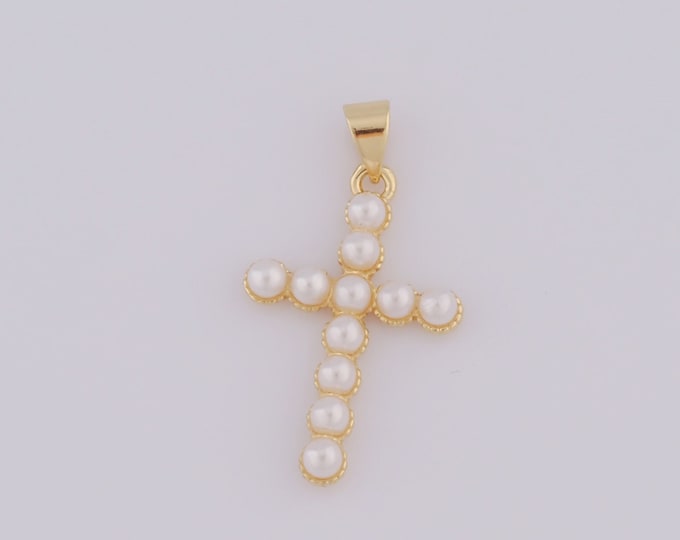 1 pcs Gold Cross Pendant,18K Gold Filled Religion Charm,Pearl Charm DIY Bracelet Necklace Jewelry Making Findings Supply