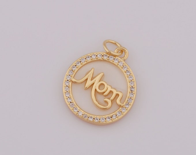 1pcs Gold Fritillary MOM Pendant,18K Gold Filled CZ Round Charm,Letter Charm DIY Bracelet Necklace Jewelry Making Findings Supply