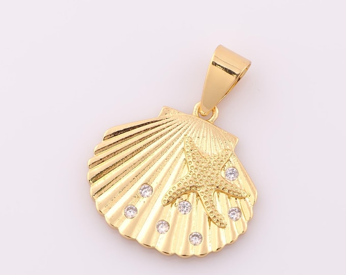 1 pcs Gold CZ Shell Pendant,18K Gold Filled Starfish Charm,Shell Charm DIY Bracelet Necklace Jewelry Making Findings Supply