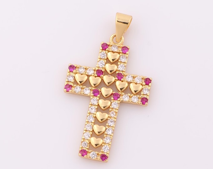 1 pcs Gold CZ Cross Pendant,18K Gold Filled Religious Charm,Heart Charm DIY Bracelet Necklace Jewelry Making Findings Supply