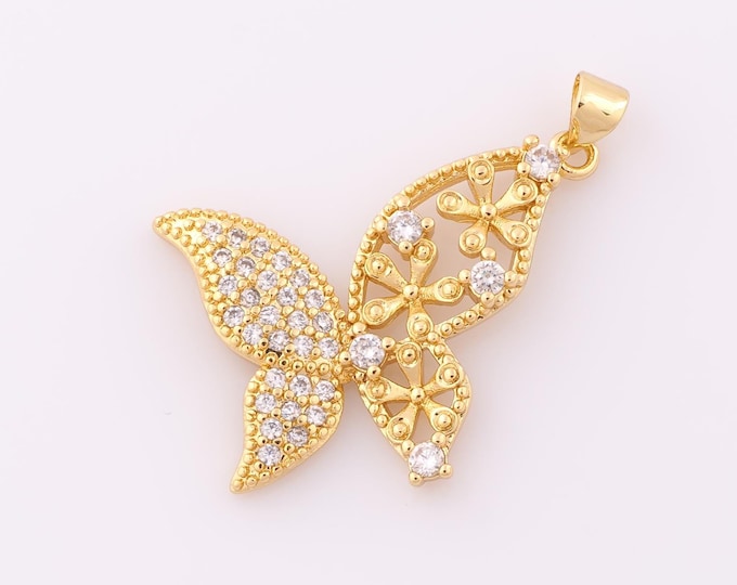 1 pcs Gold CZ Butterfly Pendant,18K Gold Filled Flower Charm,Butterfly Charm DIY Bracelet Necklace Jewelry Making Findings Supply