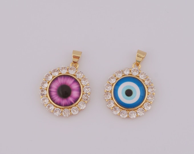 1 pcs Gold CZ Evil Eye Pendant,18K Gold Filled Round Charm,Eye Charm DIY Bracelet Necklace Jewelry Making Findings Supply