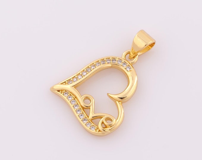 1 pcs Gold CZ Heart Pendant,18K Gold Filled LOVE Charm,Letter Charm DIY Bracelet Necklace Jewelry Making Findings Supply
