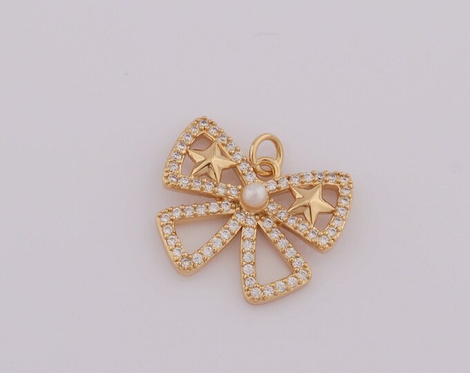 1 pcs Gold CZ Bow Pendant,18K Gold Filled Star Charm,Bow Charm DIY Bracelet Necklace Jewelry Making Findings Supply