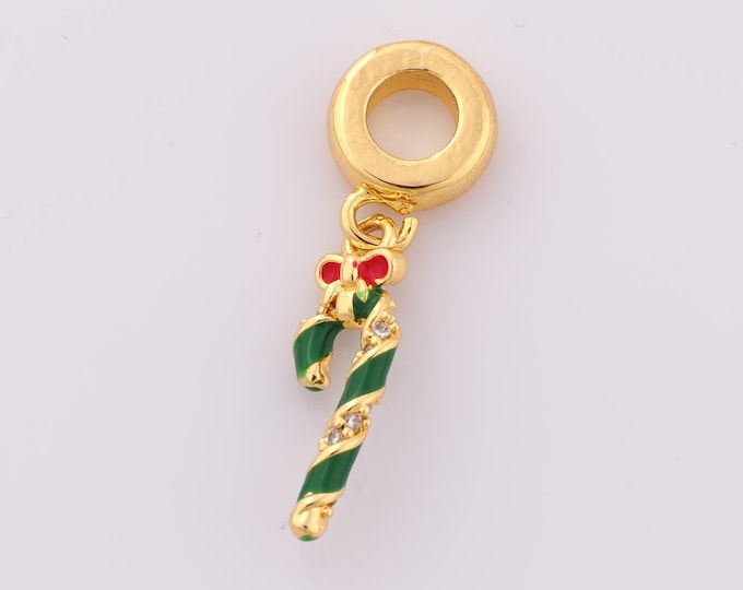 Gold Enamel Christmas Candy Cane Pendant,18K Gold Filled CZ Christmas Candy Cane Charm DIY Bracelet Necklace Jewelry Making Findings Supply