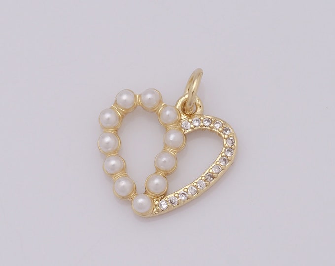1 pcs Gold Heart Pendant,18K Gold Filled CZ Heart Charm,Pearl Charm DIY Bracelet Necklace Jewelry Making Findings Supply