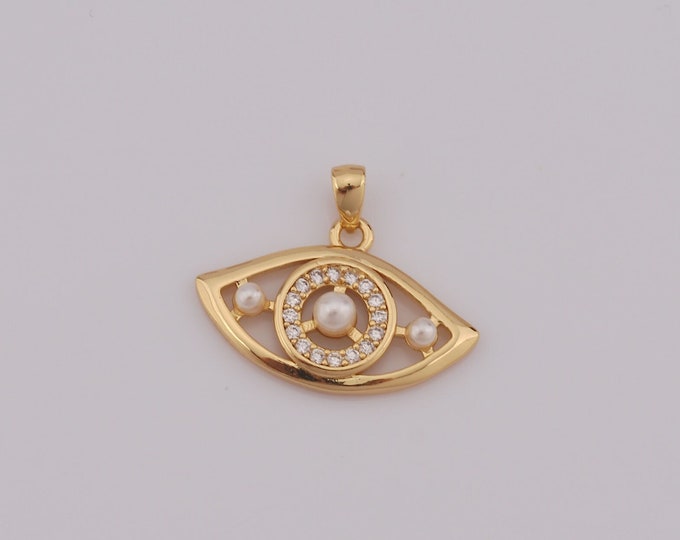 1 pcs Gold CZ Evil Eye Pendant,18K Gold Filled Pearl Charm,Eye Charm DIY Bracelet Necklace Jewelry Making Findings Supply