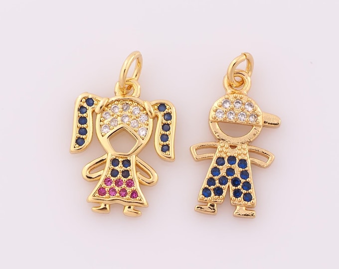 1 pcs Gold CZ Character Pendant,18K Gold Filled Boy Charm,Girl Charm DIY Bracelet Necklace Jewelry Making Findings Supply
