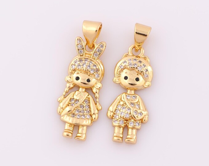 1 pcs Gold CZ Character Pendant,18K Gold Filled Boy Charm,Girl Charm DIY Bracelet Necklace Jewelry Making Findings Supply