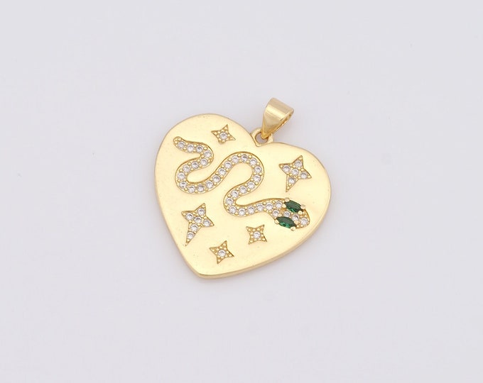1 pcs Gold Heart Pendant,18K Gold Filled CZ Snake Charm,Heart Charm DIY Bracelet Necklace Jewelry Making Findings Supply