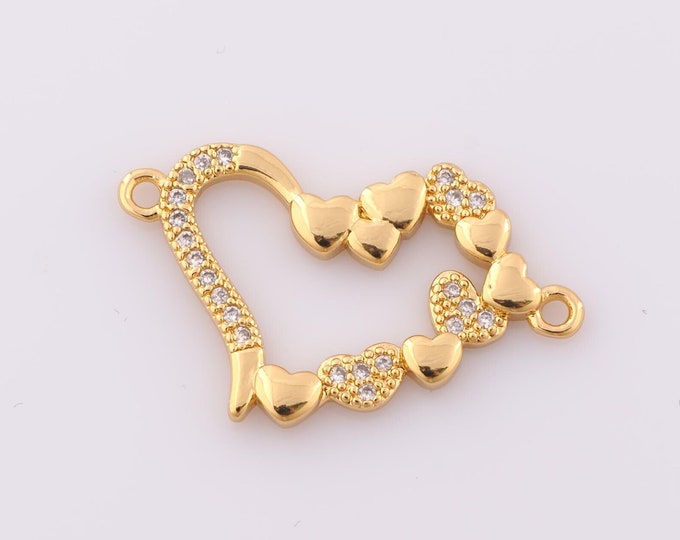 1 pcs Gold Heart Connector,18K Gold Filled CZ Heart Connector,Heart Connector DIY Bracelet Necklace Jewelry Making Findings Supply