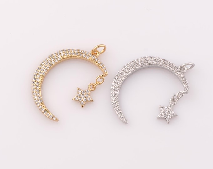 1 pcs Gold CZ Moon Pendant,18K Gold Filled Star Charm,Moon Charm DIY Bracelet Necklace Jewelry Making Findings Supply