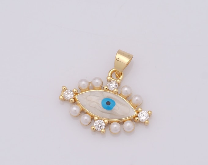 1 pcs Gold Enamel Evil Eye Pendant,18K Gold Filled CZ Eye Charm,Pearl Charm DIY Bracelet Necklace Jewelry Making Findings Supply