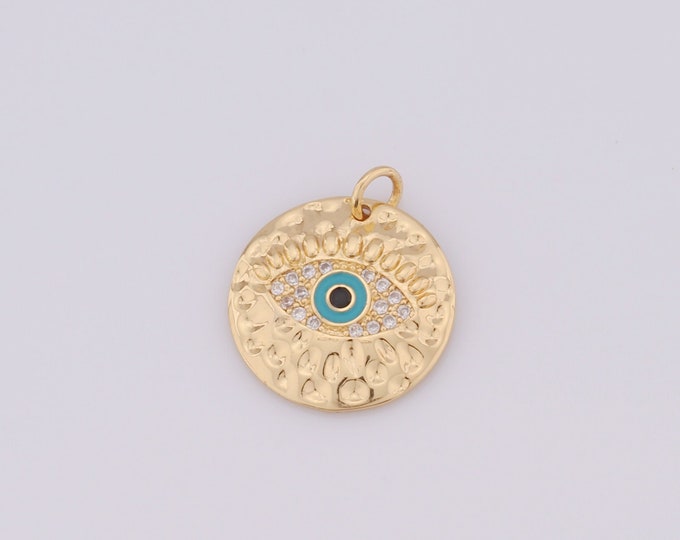 1 pcs Gold Enamel Round Pendant,18K Gold Filled CZ Evil Eye Charm,Eye Charm DIY Bracelet Necklace Jewelry Making Findings Supply