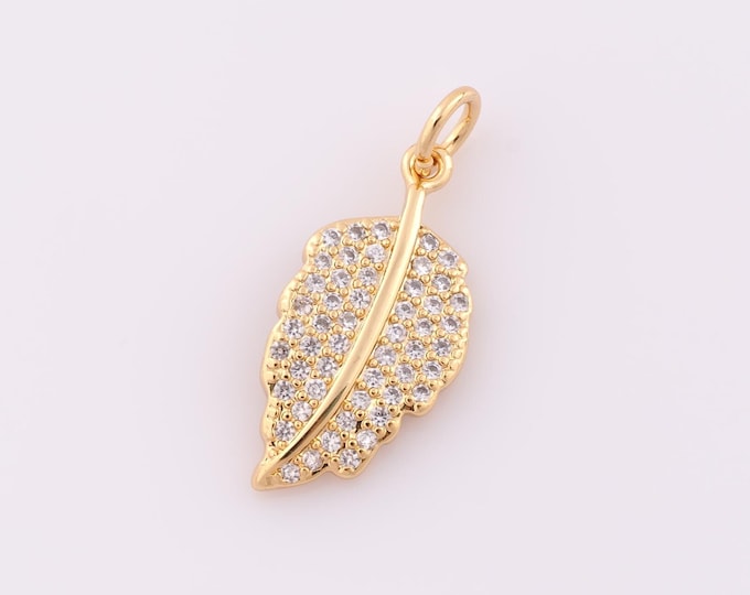 1 pcs Gold CZ Feather Pendant,18K Gold Filled Feather Charm,Feather Charm DIY Bracelet Necklace Jewelry Making Findings Supply