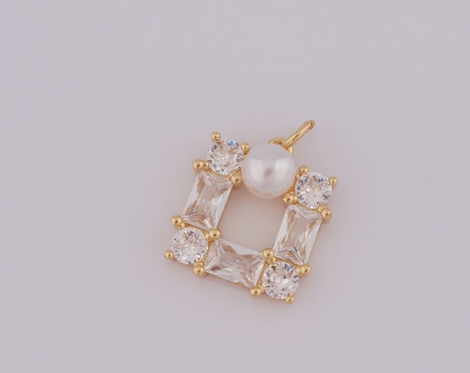 1 pcs Gold CZ Square Pendant,18K Gold Filled Pearl Charm,Minimalist Charm DIY Bracelet Necklace Jewelry Making Findings Supply