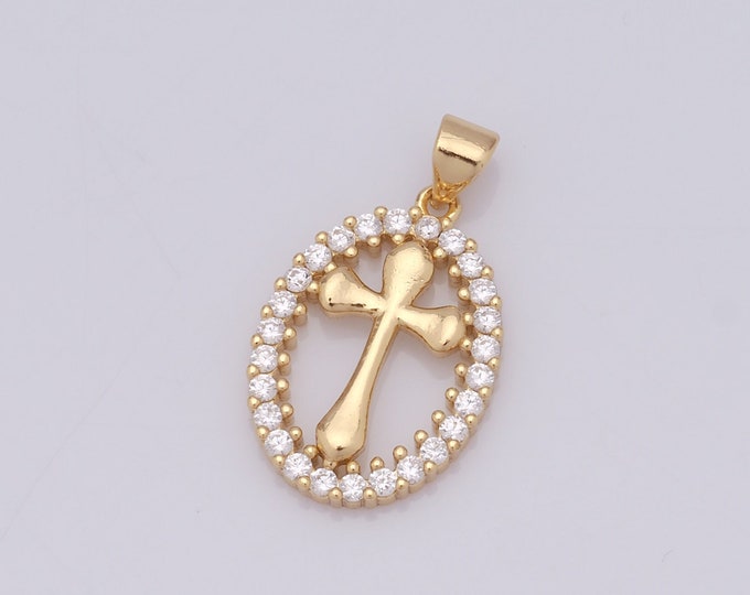 1 pcs Gold Cross Pendant,18K Gold Filled CZ Religion Charm,Round Charm DIY Bracelet Necklace Jewelry Making Findings Supply