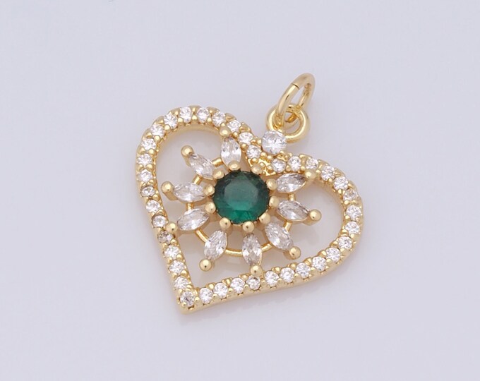 1 pcs Gold Heart Pendant,18K Gold Filled CZ Flower Charm,Heart Charms DIY Bracelet Necklace Jewelry Making Findings Supply