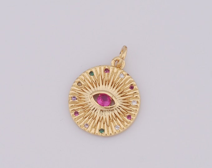 1 pcs Gold Evil Eye Pendant,18K Gold Filled CZ Eye Charm,Round Charm DIY Bracelet Necklace Jewelry Making Findings Supply