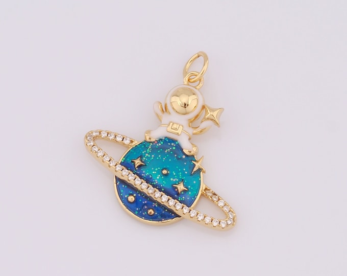 1 pcs Gold Saturn Pendant,18K Gold Filled CZ Astronaut Charm,Star Charm DIY Bracelet Necklace Jewelry Making Findings Supply