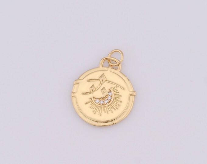 1 pcs Gold Round Pendant,18K Gold Filled CZ Moon Charm,Moon Charm DIY Bracelet Necklace Jewelry Making Findings Supply