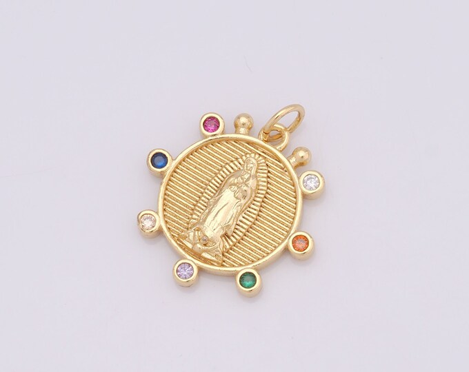 1 pcs Gold Religion Pendant,18K Gold Filled CZ Round Charm,Virgin Mary Charm DIY Bracelet Necklace Jewelry Making Findings Supply