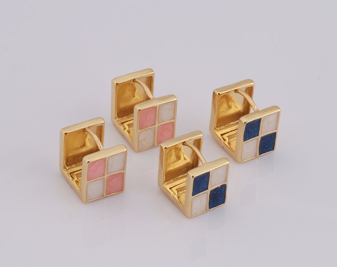 1 pair Gold Enamel Checkerboard Earrings,18K Gold Filled Square Earrings,Hoop Earrings,Hypoallergenic Huggie Hoop,Gift for Her