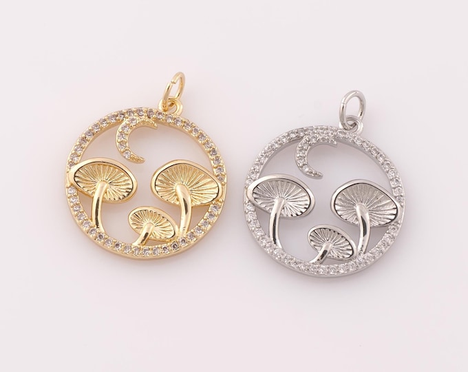 1 pcs Gold CZ Moon Pendant,18K Gold Filled Mushroom Charm,Moon Charm DIY Bracelet Necklace Jewelry Making Findings Supply