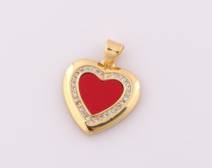 1 pcs Gold Enamel Heart Pendant,18K Gold Filled CZ Heart Charm,Heart Charm DIY Bracelet Necklace Jewelry Making Findings Supply