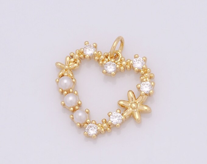 1 pcs Gold CZ Heart Pendant,18K Gold Filled Flower Charm,Heart Charm DIY Bracelet Necklace Jewelry Making Findings Supply