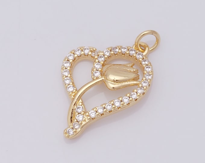 1 pcs Gold Heart Pendant,18K Gold Filled Flower Charm,CZ Heart Charm DIY Bracelet Necklace Jewelry Making Findings Supply
