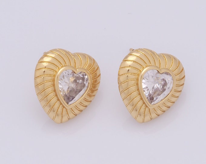 1pair Gold Heart Stud Earrings,18K Gold Filled CZ Heart Stud Earrings,Heart Stud Earrings,Hypoallergenic Stud Earrings,Gift for Her
