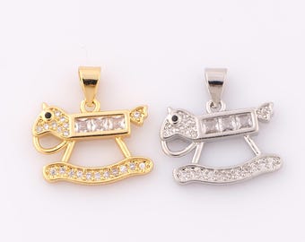 Colgante de caballo mecedor de oro CZ, amuleto de caballo mecedor relleno de oro de 18 quilates, amuleto de caballo mecedor para hacer pulseras, collares y joyas