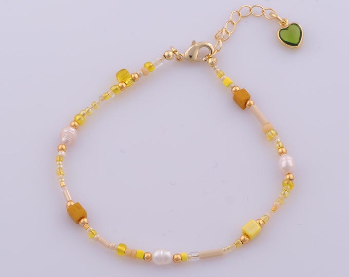 1 Str Gold Natural Stone Bracelet,18K Gold Filled Beaded Bracelet,Heart Extension ChainBracelet,Gift for Her