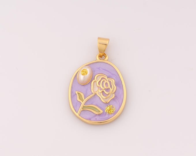 1 pcs Gold Enamel Rose Pendant,18K Gold Filled Flower Charm,Round Charms DIY Bracelet Necklace Jewelry Making Findings Supply