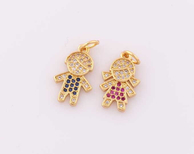 1 pcs Gold CZ Character Pendant,18K Gold Filled Boy Charm,Girl Charm DIY Bracelet Necklace Jewelry Making Findings Supply
