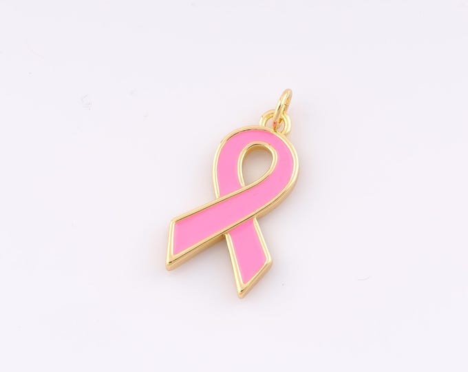 Gold Enamel Breast Cancer Awareness Silk Ribbon Pendant,18K Gold Filled Symbol Charm DIY Bracelet Necklace Jewelry Making Findings Supply