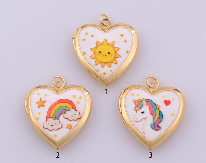 1 pcs Enamel Heart Pendant,18K Gold Filled Photo Frame Charm,Sun Rainbow Unicorn Charms DIY Bracelet Necklace Jewelry Making Findings Supply