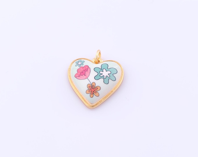 1 pcs Gold Enamel Heart Pendant,18K Gold Filled Love Charm,Flower Charms DIY Bracelet Necklace Jewelry Making Findings Supply