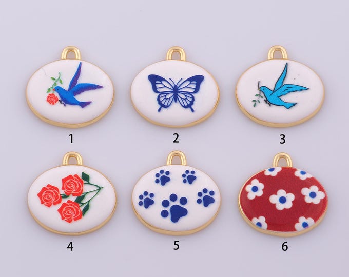 1 pcs Enamel Bird Flower Pendant,18K Gold Filled Paw Print Charm,Butterfly Charms DIY Necklace Jewelry Making Finding Supply