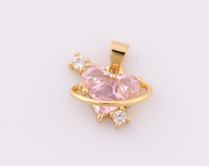 1 pcs Gold CZ Heart Pendant,18K Gold Filled Saturn Charm,Minimalist Charm DIY Bracelet Necklace Jewelry Making Findings Supply