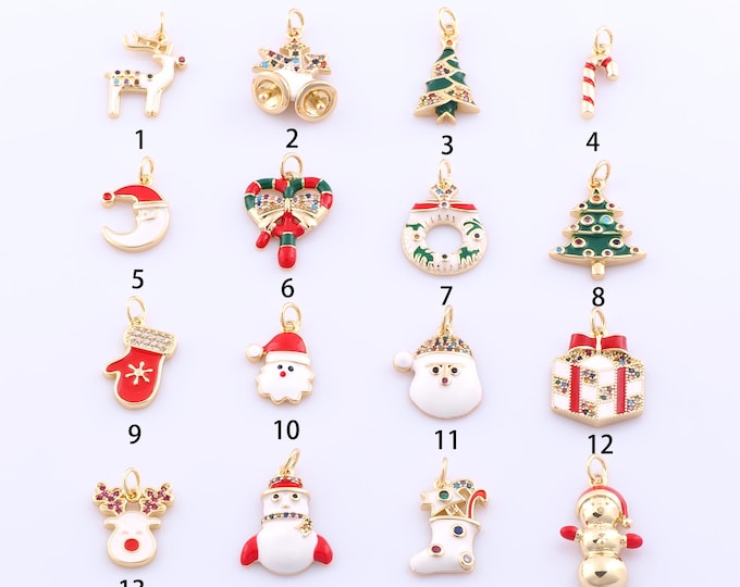 1 pcs Gold CZ Christmas Collection Pendant,18K Gold Filled Enamel Christmas Charm,DIY Bracelet Necklace Jewelry Making Findings Supply