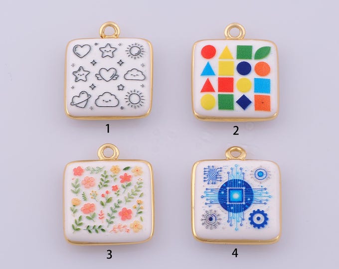 1 pcs Gold Enamel Square Pendant,18K Gold Filled Flower Charm,Square Charms DIY Bracelet Necklace Jewelry Making Findings Supply