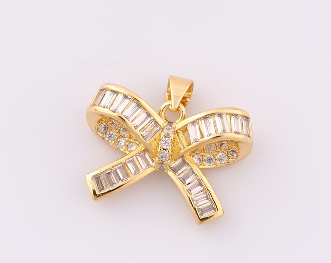 1 pcs Gold CZ Bow Pendant,18K Gold Filled Bow Charm,Bow Charm DIY Bracelet Necklace Jewelry Making Findings Supply